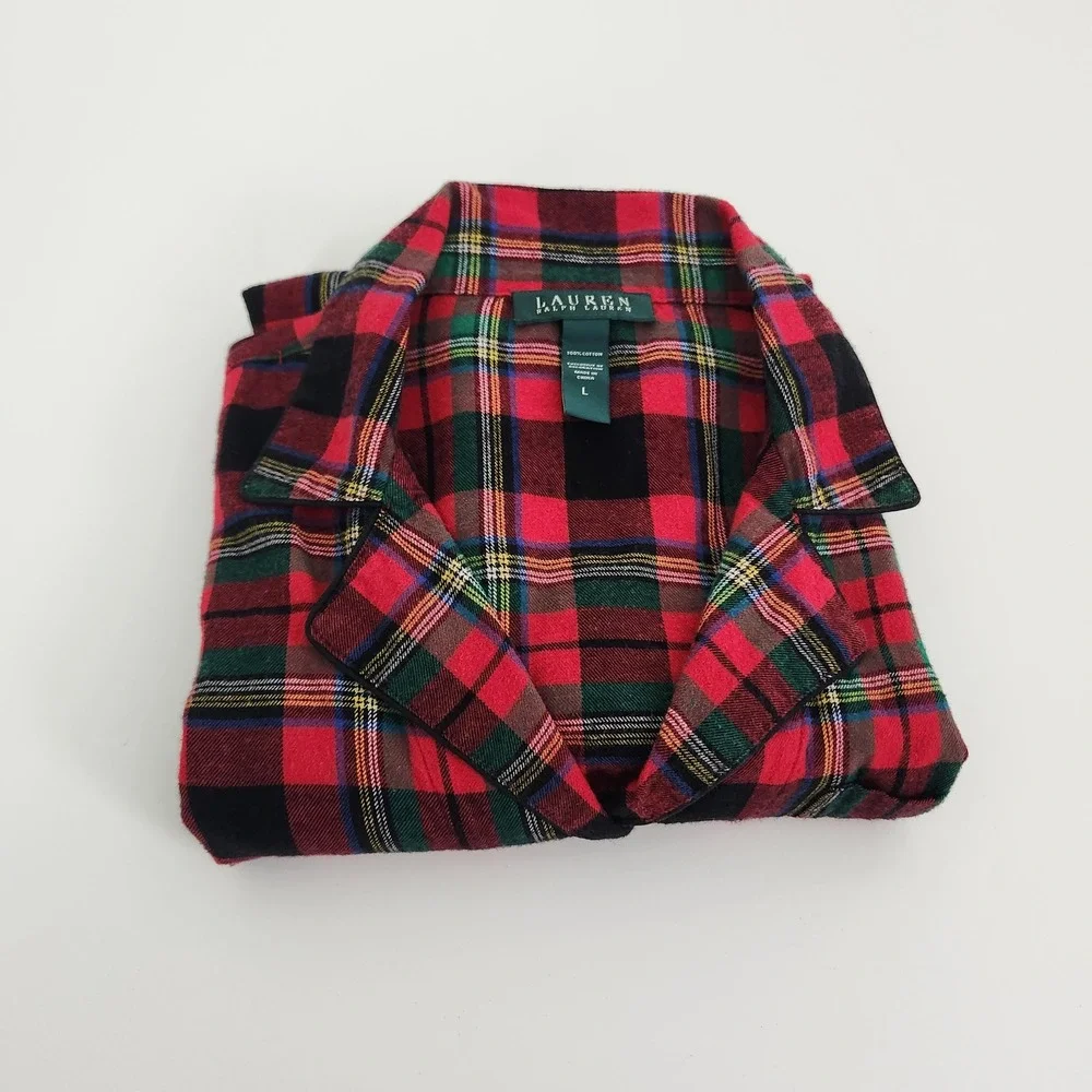 Lauren Ralph Lauren Womens Red Tartan Plaid Cotton Flannel Pajama Top size Large